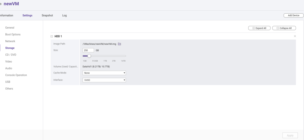 storage settings of virtual machines