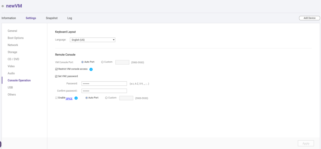 console operation settings of virtual machines