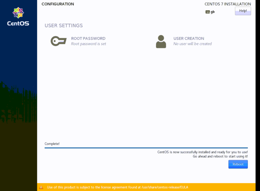 centos 7 installation completed